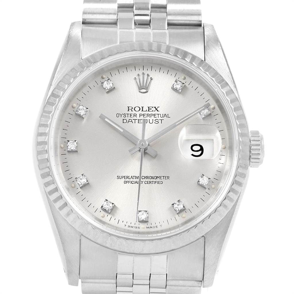 This image shows a front view of the Rolex Datejust 16234 Men's Stainless Steel Silver Dial 16234 Men's Stainless Steel Silver Dial watch, detailing the dial, fluted bezel, crown, and part of the bracelet.