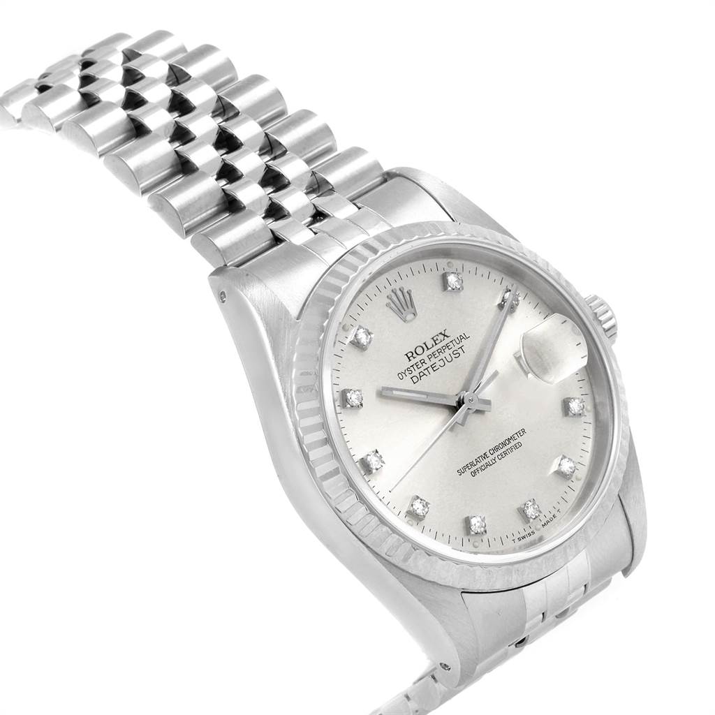 This image shows a Rolex Datejust 16234 Men's Stainless Steel Silver Dial 16234 Men's Stainless Steel Silver Dial watch from an angled side view, highlighting the face, bezel, and bracelet.