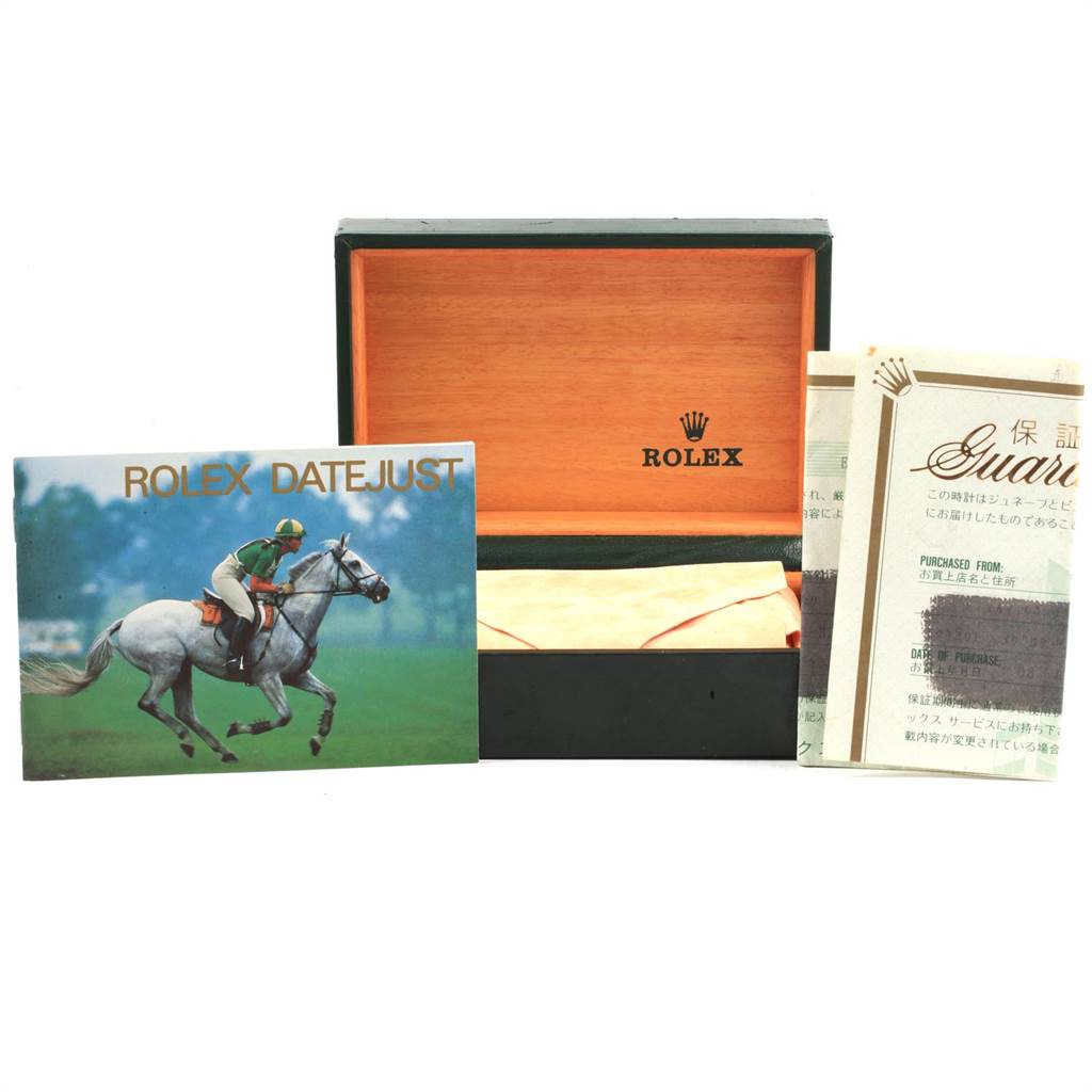 The image shows a Rolex Datejust 16234 Men's Stainless Steel Silver Dial 16234 Men's Stainless Steel Silver Dial watch box with accompanying booklets and warranty papers.