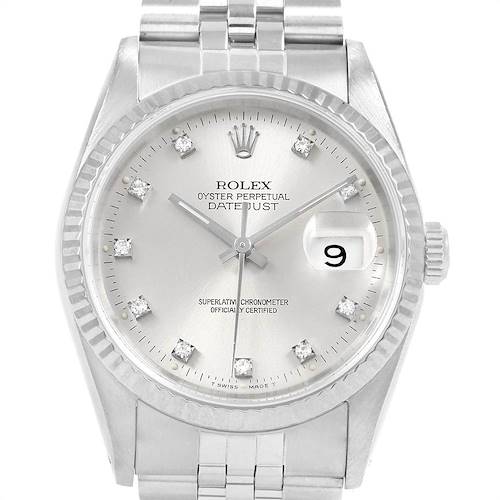 The image shows a frontal view of a Rolex Datejust 16234 Men's Stainless Steel Silver Dial 16234 Men's Stainless Steel Silver Dial watch, highlighting the face, bezel, and bracelet.