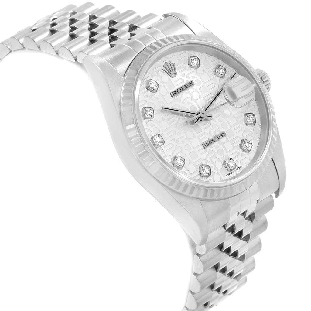 The image shows a side angle of the Rolex Datejust 16234 Men's Stainless Steel Silver Dial 16234 Men's Stainless Steel Silver Dial watch, highlighting the face, bezel, and part of the bracelet.