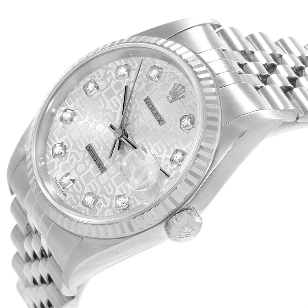 This image shows a close-up, angled view of the Rolex Datejust 16234 Men's Stainless Steel Silver Dial 16234 Men's Stainless Steel Silver Dial watch, highlighting the dial, bezel, crown, and part of the bracelet.