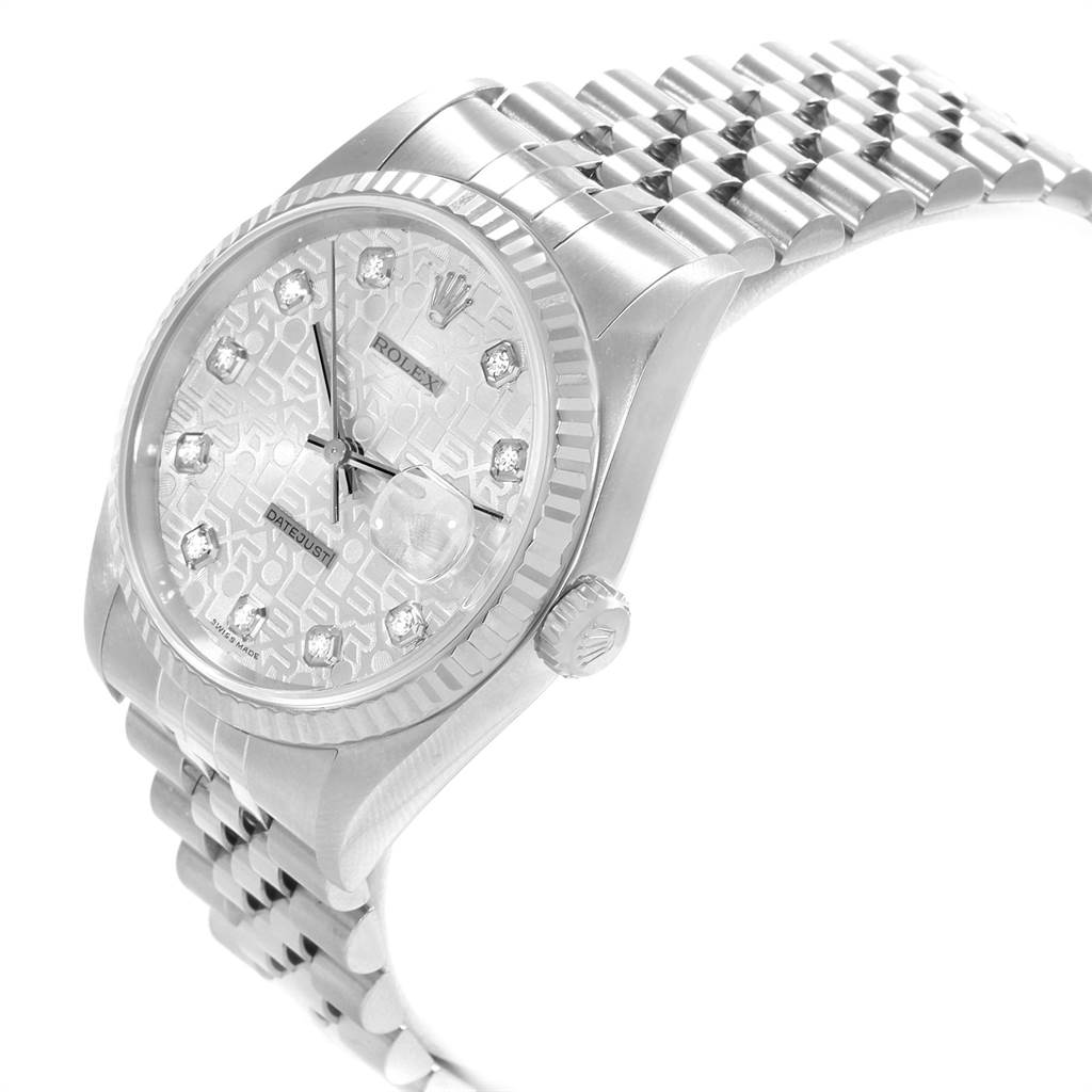 This image shows a Rolex Datejust 16234 Men's Stainless Steel Silver Dial 16234 Men's Stainless Steel Silver Dial watch from a three-quarter angle, highlighting the dial, bezel, crown, and bracelet.