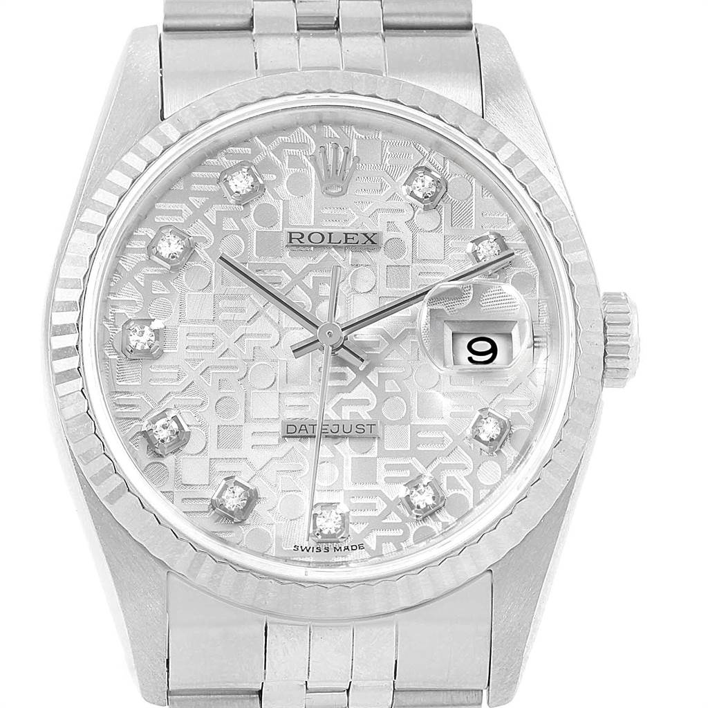 The image shows a close-up front view of a Rolex Datejust 16234 Men's Stainless Steel Silver Dial 16234 Men's Stainless Steel Silver Dial watch, highlighting its face, date window, and metal bracelet.