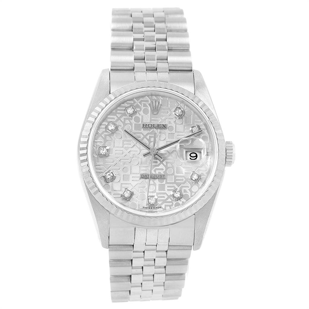 The image shows a Rolex Datejust 16234 Men's Stainless Steel Silver Dial 16234 Men's Stainless Steel Silver Dial watch from a front angle, highlighting its face, bezel, and bracelet.
