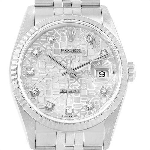 The image shows a close-up front view of a Rolex Datejust 16234 Men's Stainless Steel Silver Dial 16234 Men's Stainless Steel Silver Dial watch, featuring the dial, hands, bezel, and part of the bracelet.