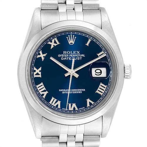 The image shows a frontal view of a Rolex Datejust 16200 Men's Stainless Steel Blue Dial 16200 Men's Stainless Steel Blue Dial watch, highlighting its blue dial, silver roman numerals, and stainless steel bracelet.