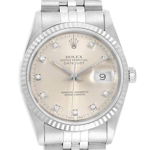 The image shows a front view of a Rolex Datejust 16234 Men's Stainless Steel Silver Dial 16234 Men's Stainless Steel Silver Dial watch, highlighting its dial, bezel, crown, and bracelet.