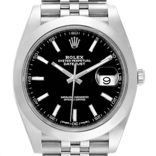This is a frontal view of a Rolex Datejust 126300 Men's Stainless Steel Black Dial 126300 Men's Stainless Steel Black Dial watch, showcasing the dial, date window, crown, and part of the bracelet.