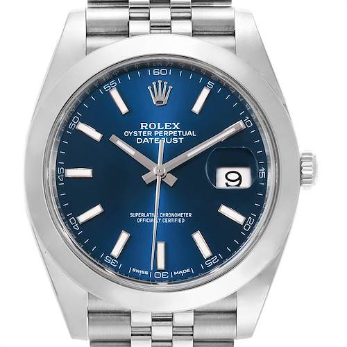 The image shows a front view of a Rolex Datejust 126300 Men's Stainless Steel Blue Dial 126300 Men's Stainless Steel Blue Dial watch, highlighting its blue dial, date window, and jubilee bracelet.