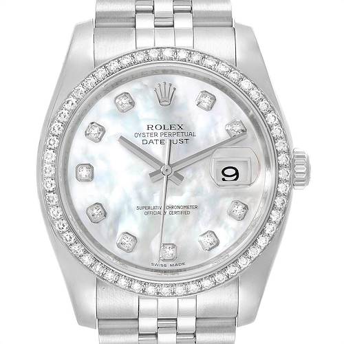 This image shows a frontal view of a Rolex Datejust 116244 Men's Stainless Steel Mother of Pearl Dial 116244 Men's Stainless Steel Mother of Pearl Dial watch showcasing its dial, bezel, and partial bracelet.