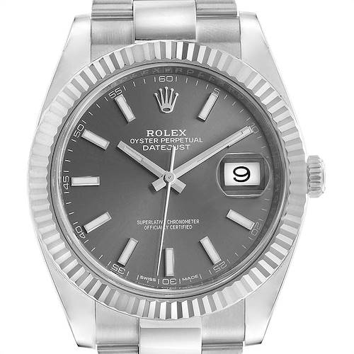 The image shows a close-up of the Rolex Datejust 126334 Men's Stainless Steel Grey Dial 126334 Men's Stainless Steel Grey Dial model, highlighting the bezel, dial, hands, and date magnifier.