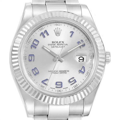 The image shows a frontal view of a Rolex Datejust 116334 Men's Stainless Steel Grey Dial 116334 Men's Stainless Steel Grey Dial watch, focusing on the dial, bezel, crown, and bracelet.
