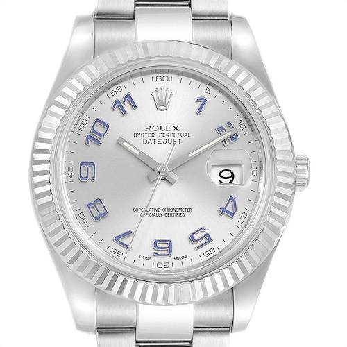 This image shows a Rolex Datejust 116334 Men's Stainless Steel Grey Dial 116334 Men's Stainless Steel Grey Dial watch from a front angle, highlighting the dial, bezel, and part of the bracelet.