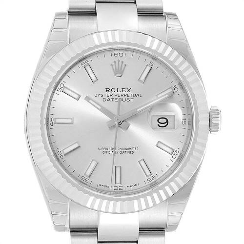 This image shows a front view of the Rolex Datejust 126334 Men's Stainless Steel Silver Dial 126334 Men's Stainless Steel Silver Dial watch, emphasizing its dial, hands, bezel, and crown.