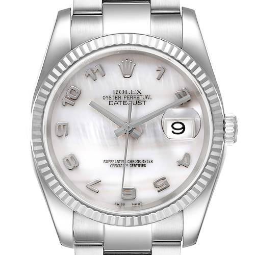 This is a close-up front view of the Rolex Datejust 116234 Men's Stainless Steel Mother of Pearl Dial 116234 Men's Stainless Steel Mother of Pearl Dial watch, showcasing the dial, bezel, and part of the bracelet.