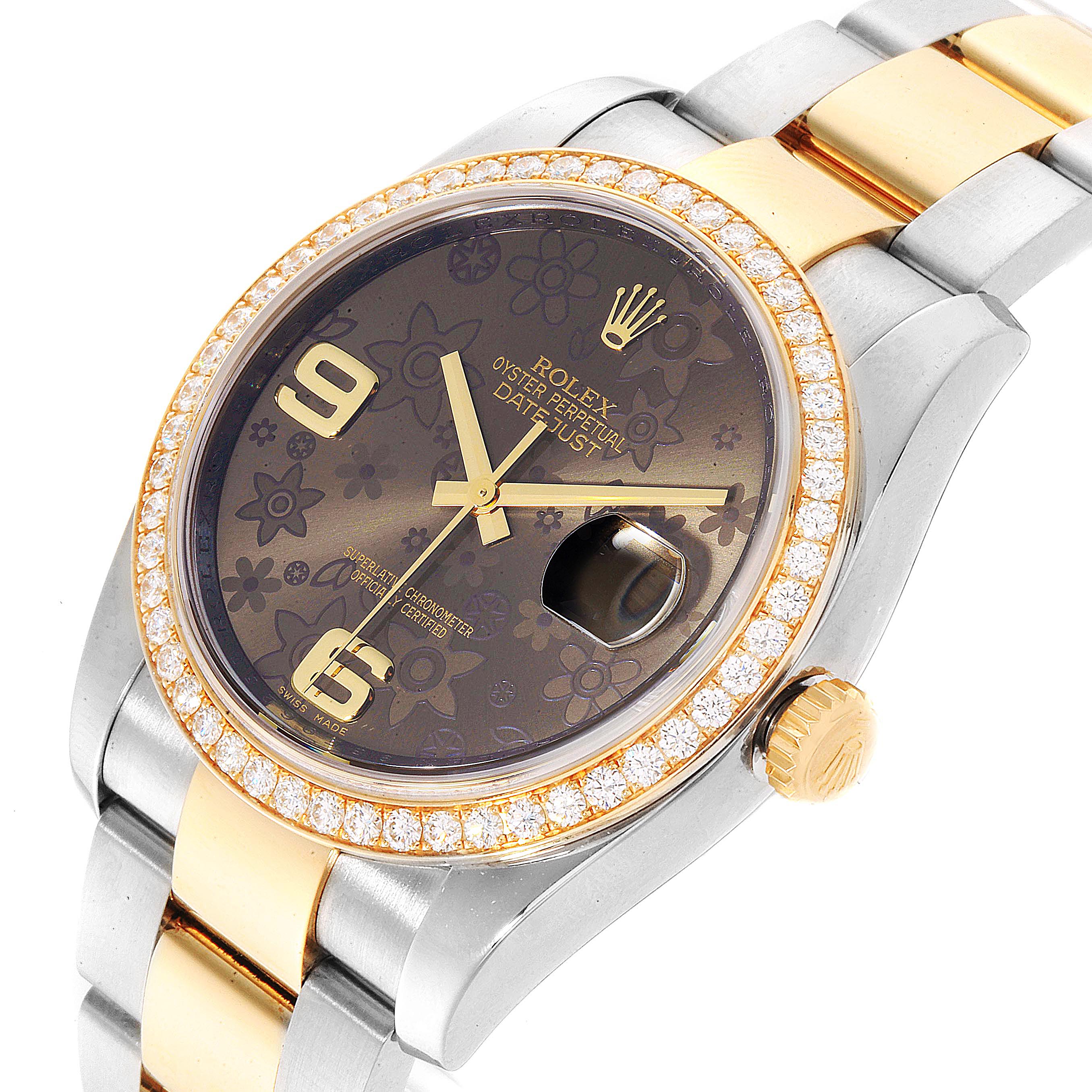 The image shows a Rolex Datejust 116243 Women's Steel and Gold (two tone) Brown Dial 116243 Women's Steel and Gold (two tone) Brown Dial watch at a slight angle, highlighting the dial, bezel, and bracelet.