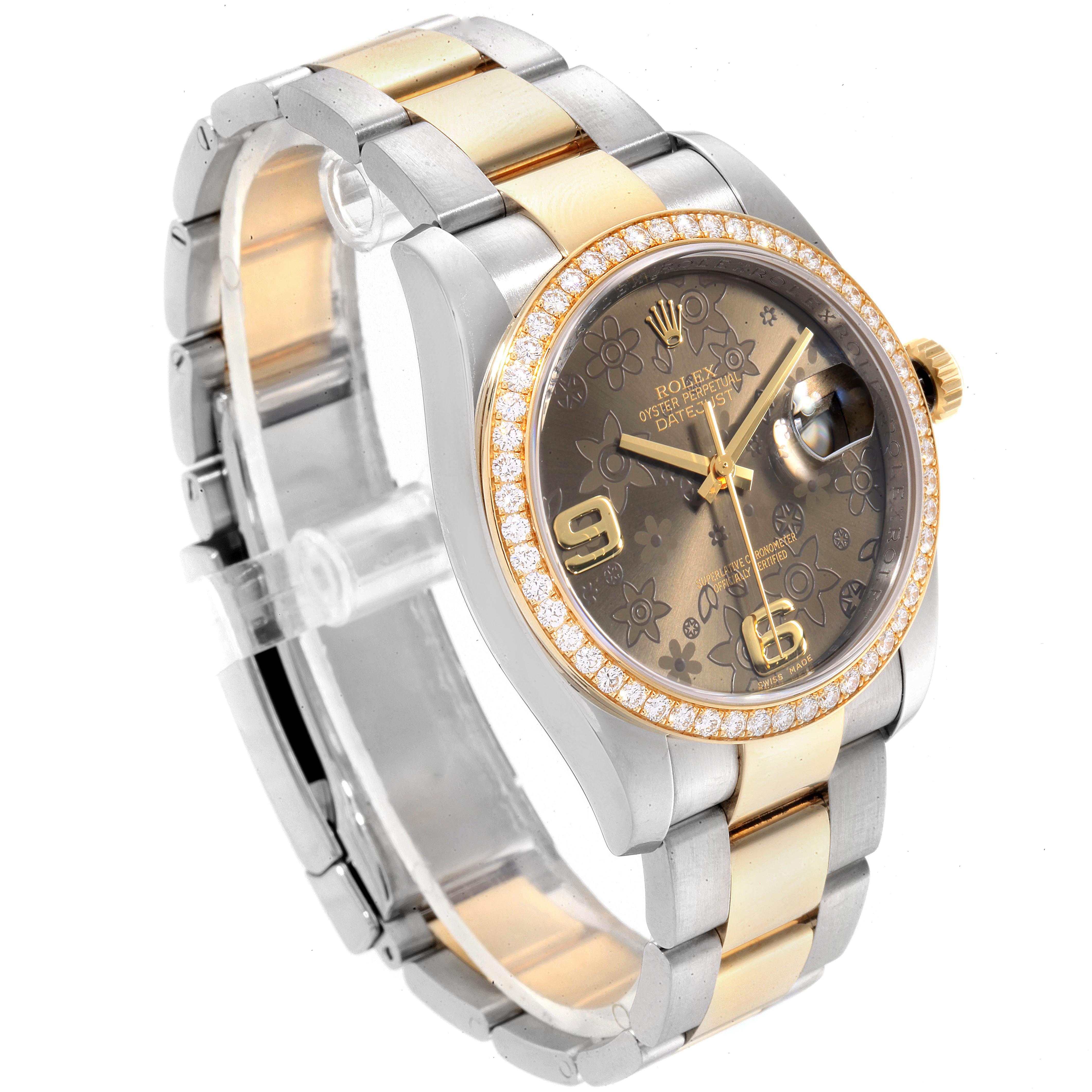 This Rolex Datejust 116243 Women's Steel and Gold (two tone) Brown Dial 116243 Women's Steel and Gold (two tone) Brown Dial model watch is shown at a slight angle, highlighting the bracelet, dial, bezel, and crown.