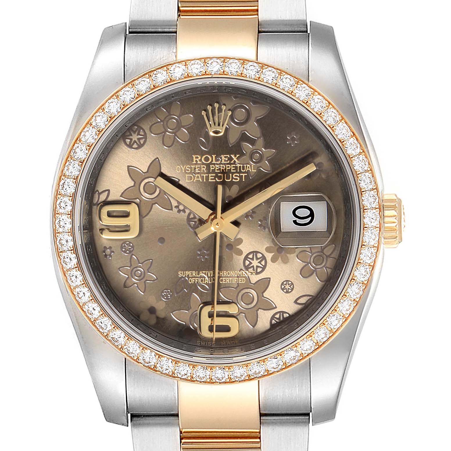 This image shows a straight-on view of a Rolex Datejust 116243 Women's Steel and Gold (two tone) Brown Dial 116243 Women's Steel and Gold (two tone) Brown Dial watch, showcasing the dial, hands, bezel, and part of the bracelet.