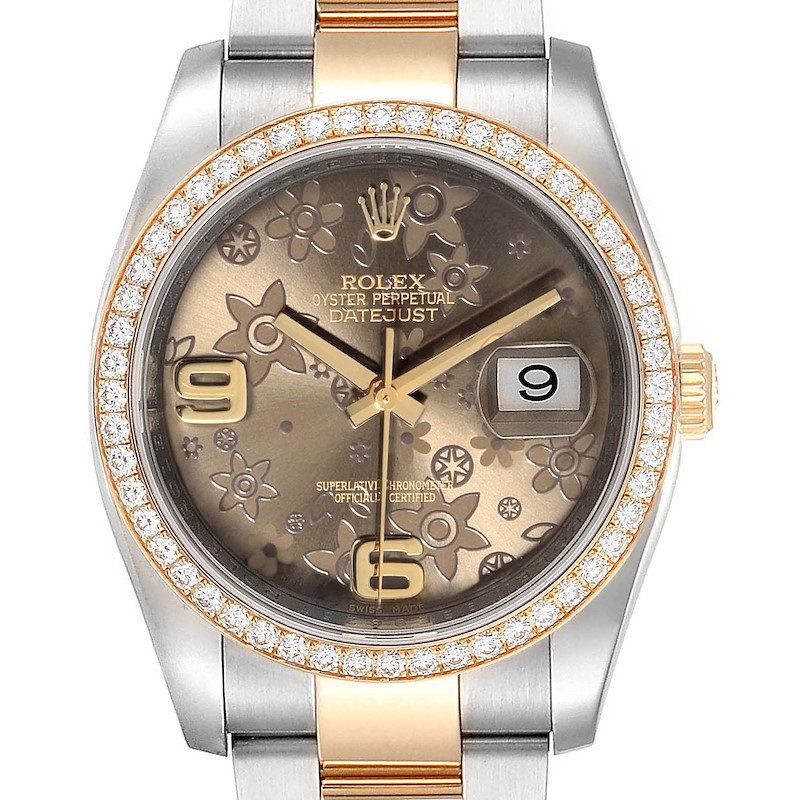 This image shows a straight-on view of a Rolex Datejust 116243 Women's Steel and Gold (two tone) Brown Dial 116243 Women's Steel and Gold (two tone) Brown Dial watch, showcasing the dial, hands, bezel, and part of the bracelet.