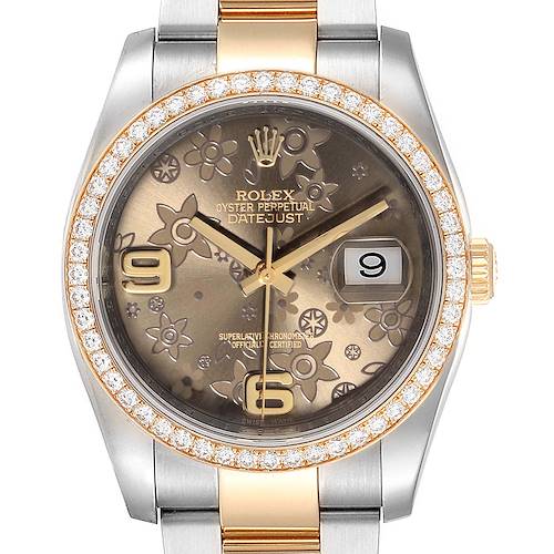The image shows a front view of a Rolex Datejust 116243 Women's Steel and Gold (two tone) Brown Dial 116243 Women's Steel and Gold (two tone) Brown Dial watch with a floral dial and diamond bezel.