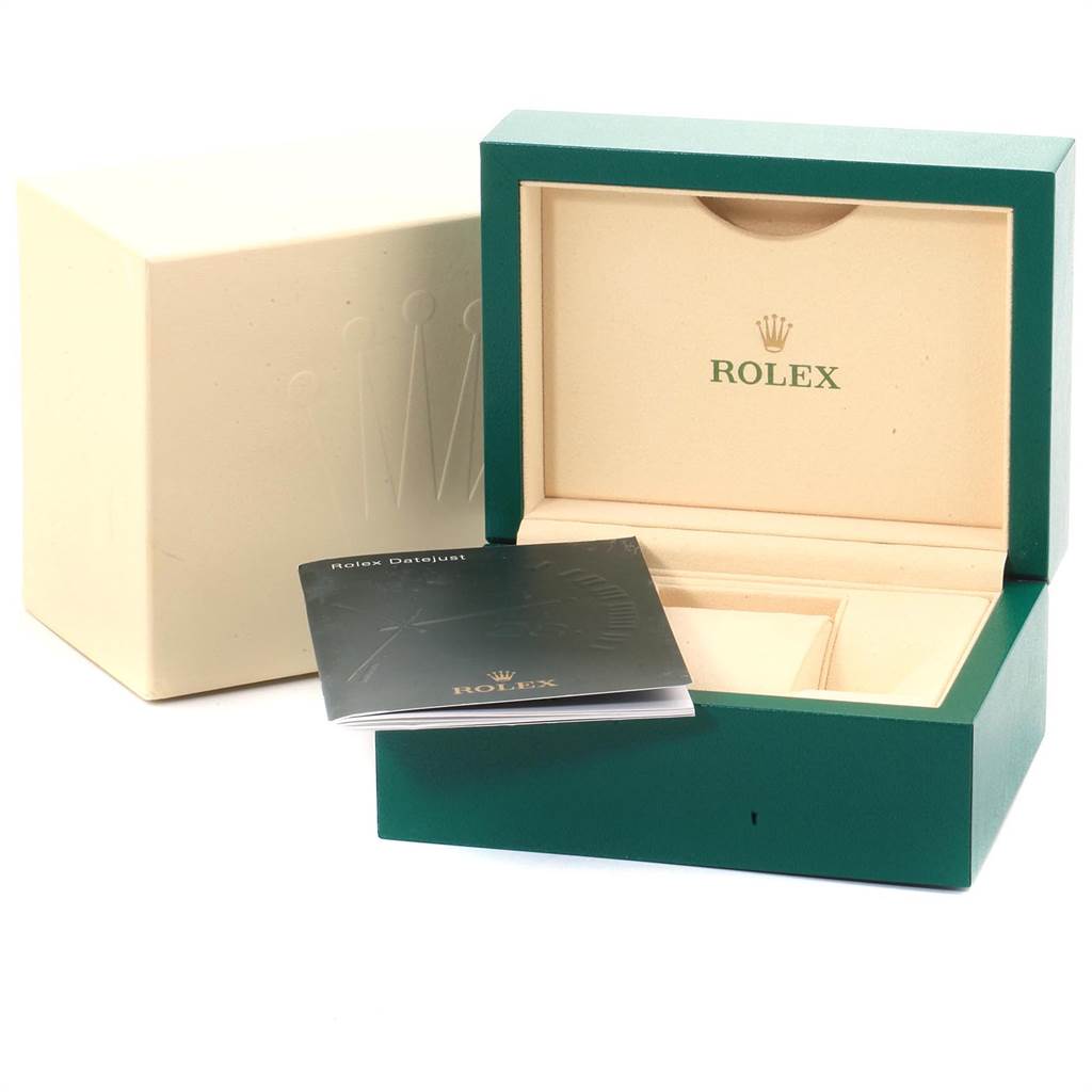 The image shows the open box and manual of a Rolex Datejust 116243 Women's Steel and Gold (two tone) Brown Dial 116243 Women's Steel and Gold (two tone) Brown Dial watch, displaying the packaging and accompanying booklet.