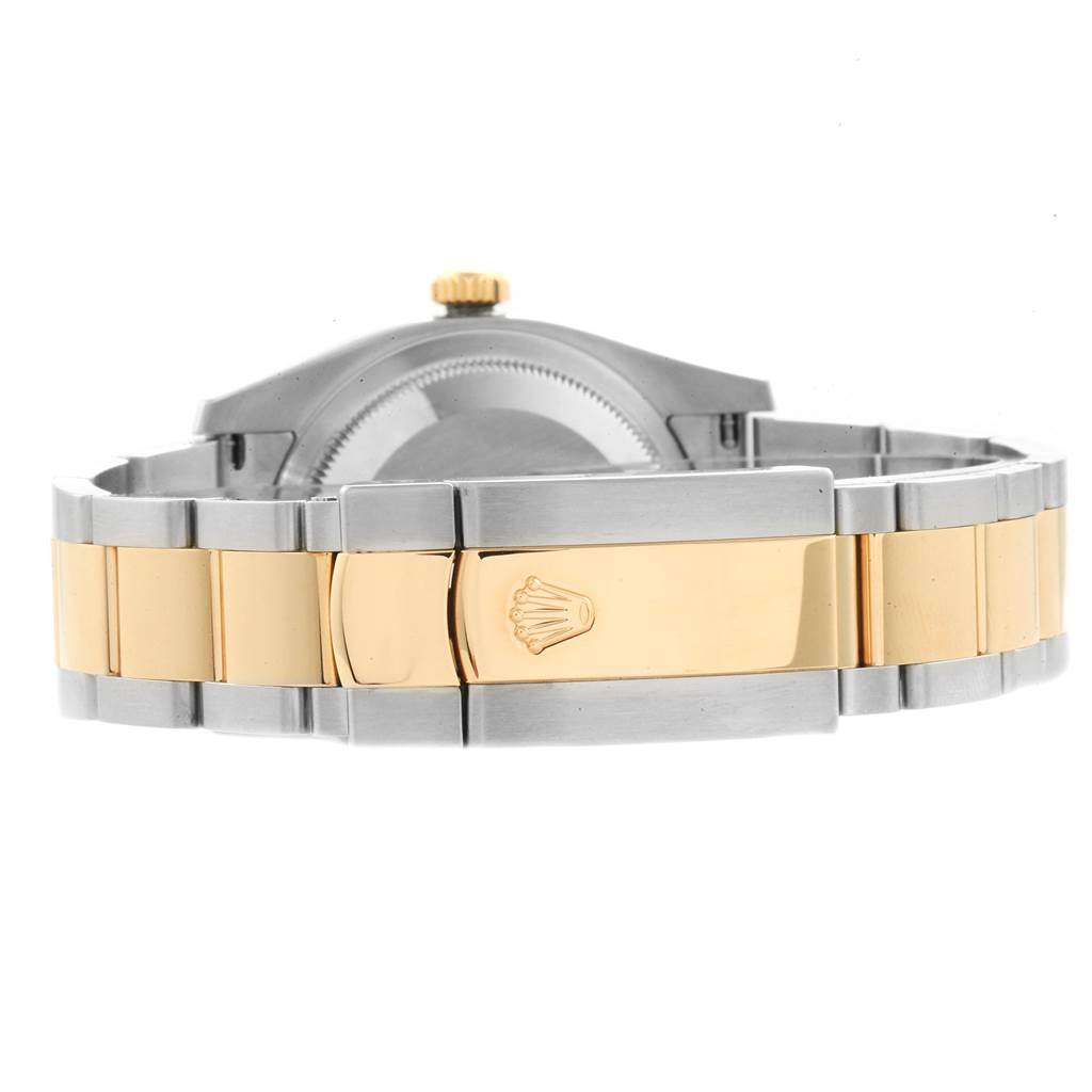 This image shows the back view of a Rolex Datejust 116243 Women's Steel and Gold (two tone) Brown Dial 116243 Women's Steel and Gold (two tone) Brown Dial watch, focusing on its two-tone bracelet and clasp.