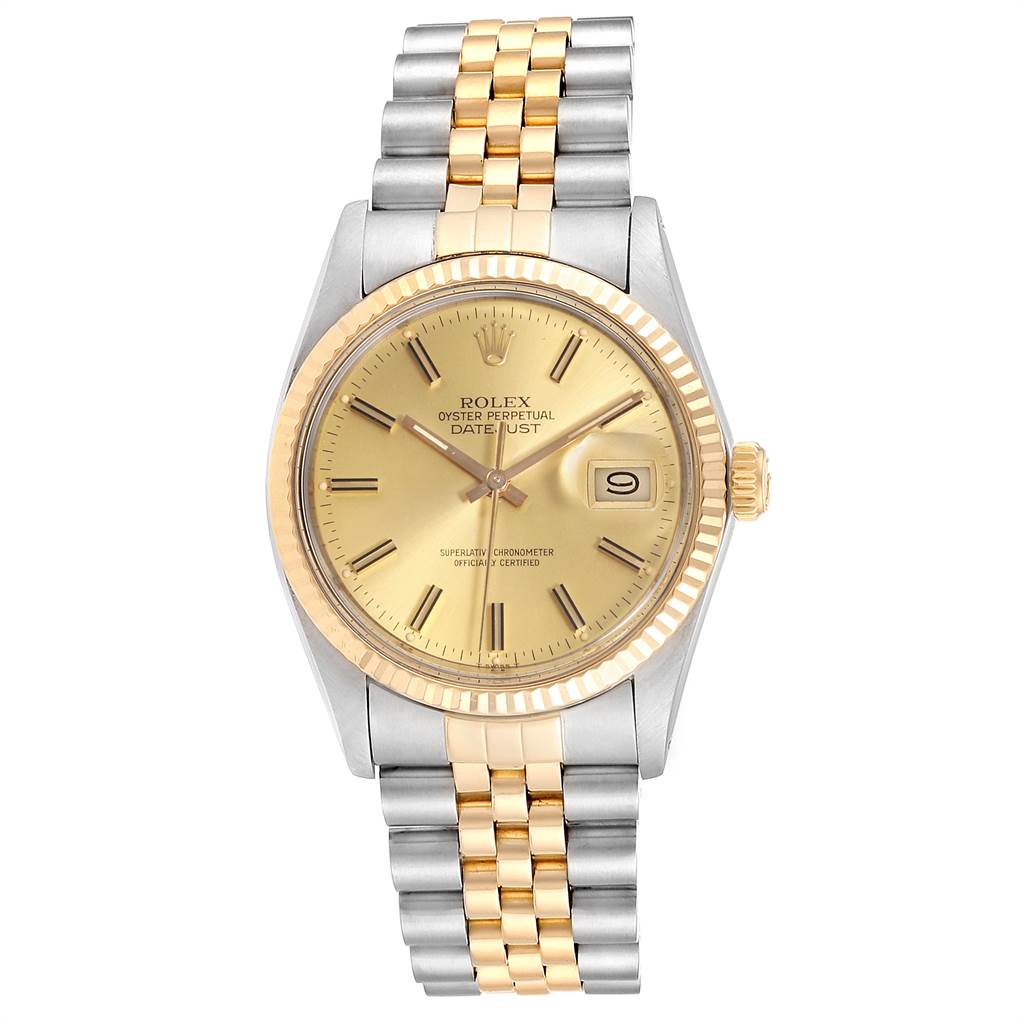 The image shows the Rolex Datejust 16013 Men's Steel and Gold (two tone) Champagne Dial 16013 Men's Steel and Gold (two tone) Champagne Dial watch from a front angle, highlighting the face, bezel, and jubilee bracelet.