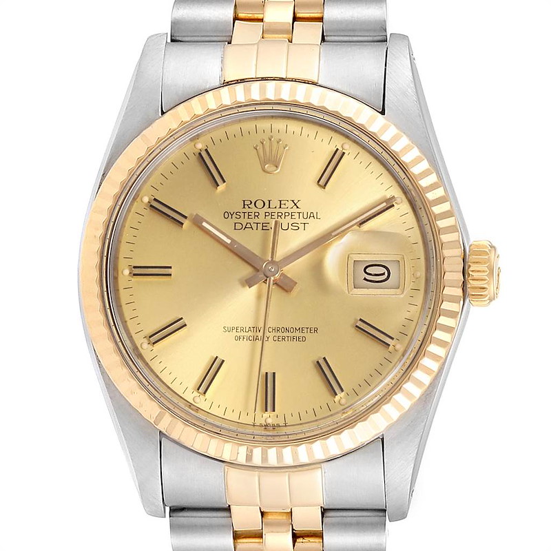 This image shows a front view of the Rolex Datejust 16013 Men's Steel and Gold (two tone) Champagne Dial 16013 Men's Steel and Gold (two tone) Champagne Dial watch, highlighting its dial, bezel, crown, and part of the bracelet.