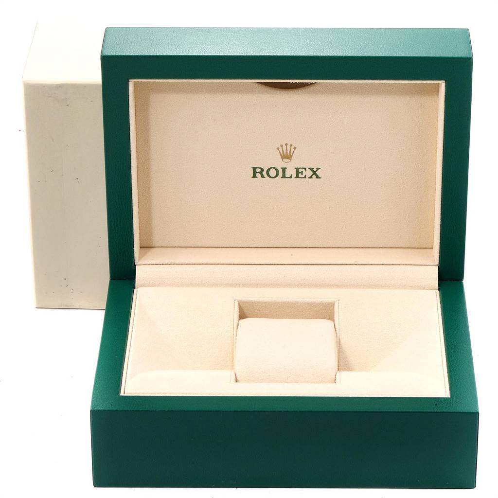 The image shows an open green and beige watch box for a Rolex Datejust 126233 Men's Steel and Gold (two tone) White Dial 126233 Men's Steel and Gold (two tone) White Dial model, without the watch inside.