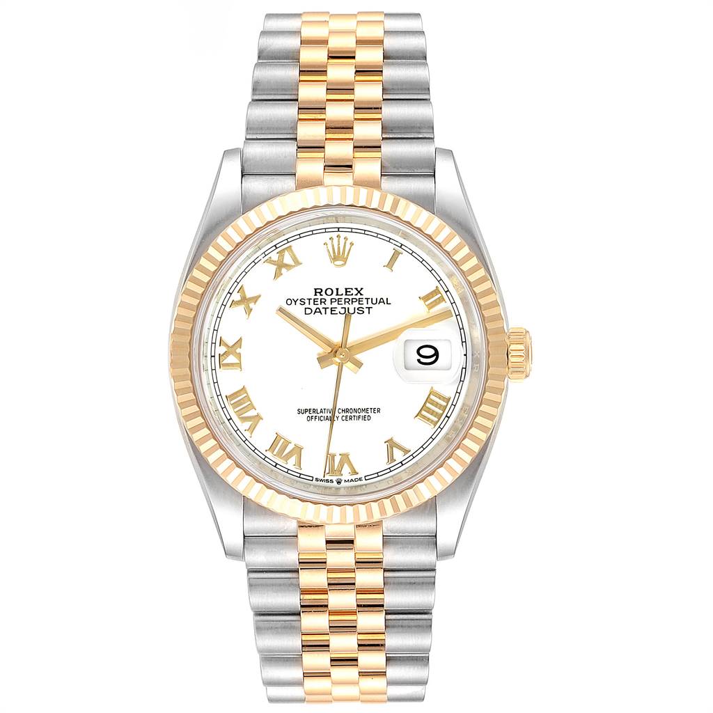 This image shows a front view of a Rolex Datejust 126233 Men's Steel and Gold (two tone) White Dial 126233 Men's Steel and Gold (two tone) White Dial watch featuring a two-tone bracelet and gold fluted bezel.