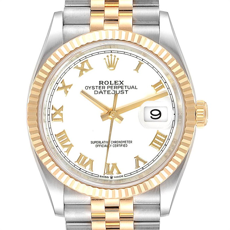 The image shows a close-up of a Rolex Datejust 126233 Men's Steel and Gold (two tone) White Dial 126233 Men's Steel and Gold (two tone) White Dial watch, highlighting its face, bezel, and part of the bracelet.