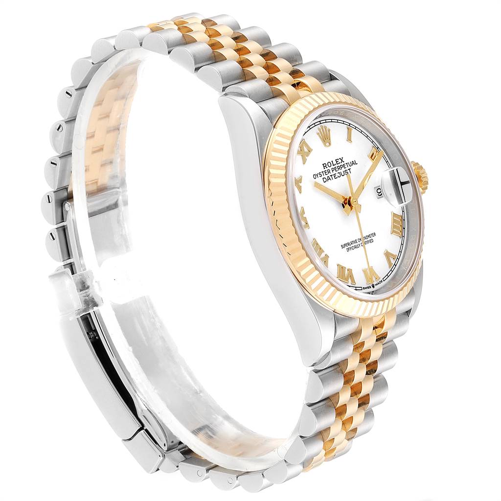 This Rolex Datejust 126233 Men's Steel and Gold (two tone) White Dial 126233 Men's Steel and Gold (two tone) White Dial watch is shown at a side angle highlighting the jubilee bracelet, bezel, dial, and date window.