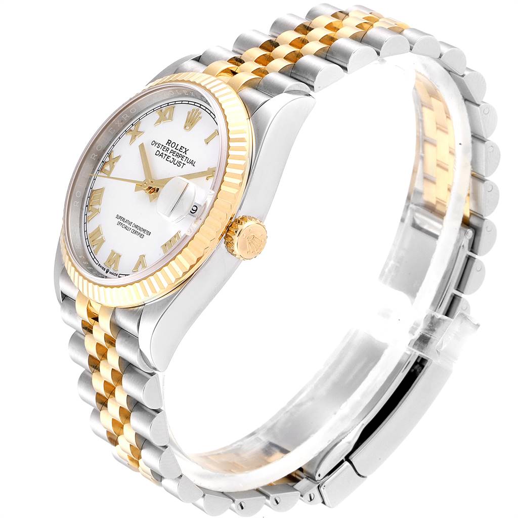 The image shows a Rolex Datejust 126233 Men's Steel and Gold (two tone) White Dial 126233 Men's Steel and Gold (two tone) White Dial watch at a three-quarter angle, highlighting its face, bezel, crown, and two-tone bracelet.