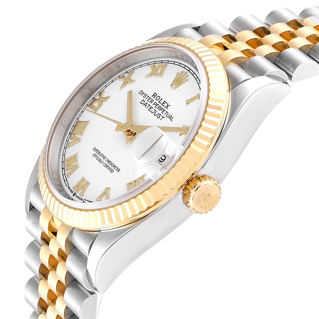The image shows a side angle of a Rolex Datejust 126233 Men's Steel and Gold (two tone) White Dial 126233 Men's Steel and Gold (two tone) White Dial watch, highlighting its gold fluted bezel, crown, bracelet, and white dial with Roman numerals.