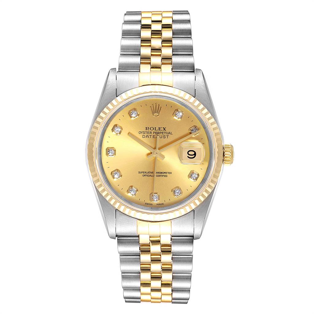 The image shows a Rolex Datejust 16233 Men's Steel and Gold (two tone) Champagne Dial 16233 Men's Steel and Gold (two tone) Champagne Dial watch from a front view, highlighting its gold and silver two-tone bracelet and diamond-accented dial.