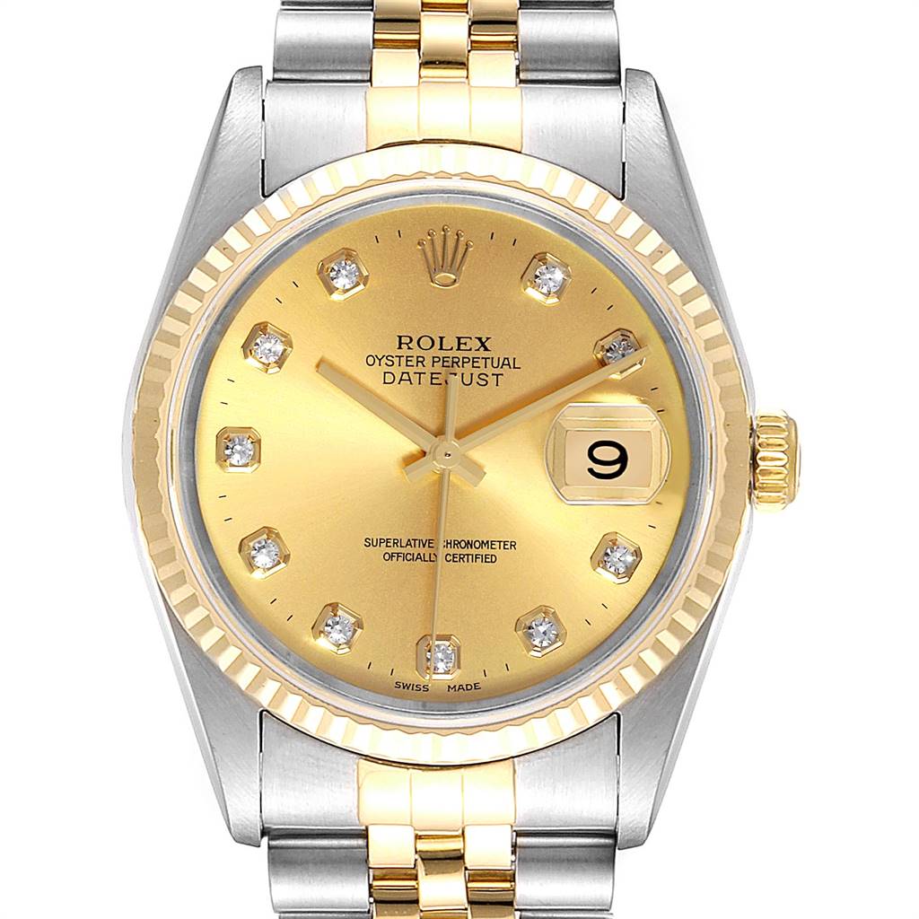The image shows a front view of a Rolex Datejust 16233 Men's Steel and Gold (two tone) Champagne Dial 16233 Men's Steel and Gold (two tone) Champagne Dial watch featuring a gold dial, diamond hour markers, and a two-tone bracelet.