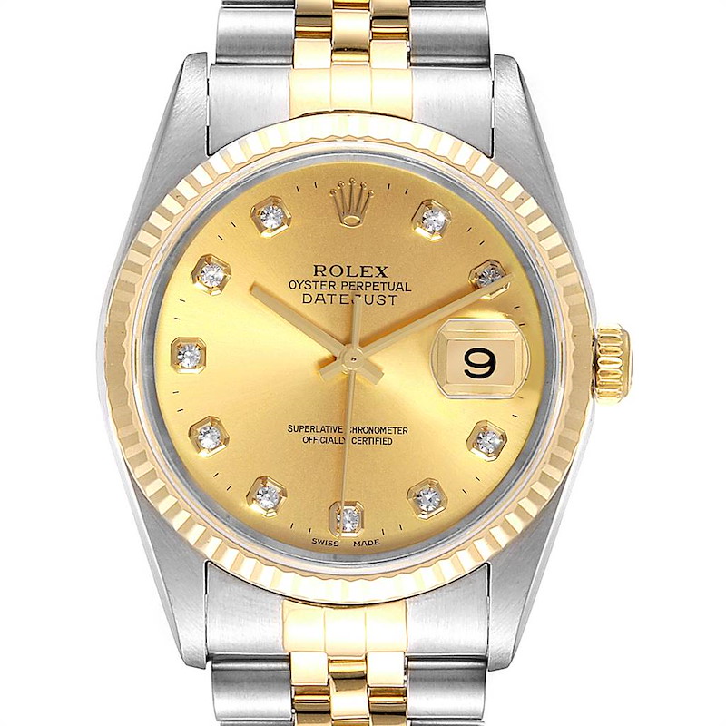 The image shows a front view of a Rolex Datejust 16233 Men's Steel and Gold (two tone) Champagne Dial 16233 Men's Steel and Gold (two tone) Champagne Dial watch featuring a gold dial, diamond hour markers, and a two-tone bracelet.