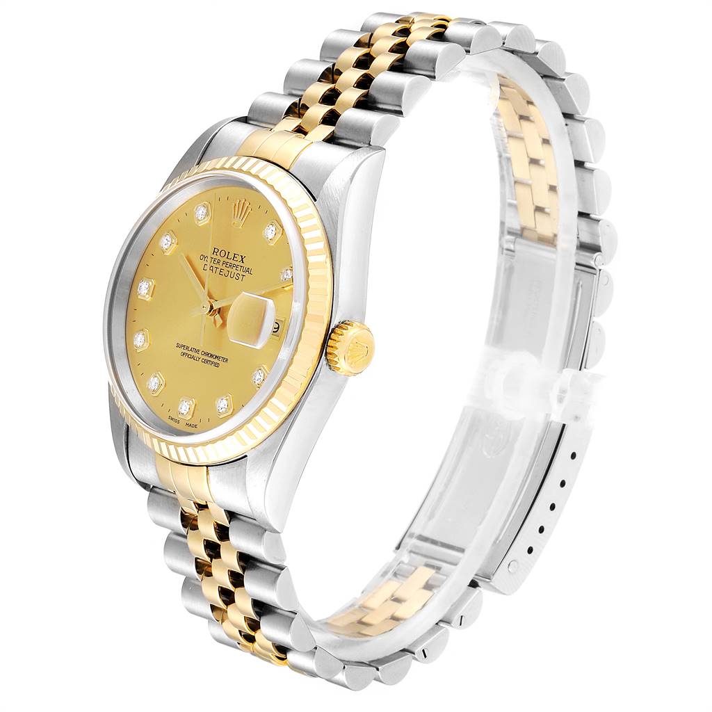This image shows a Rolex Datejust 16233 Men's Steel and Gold (two tone) Champagne Dial 16233 Men's Steel and Gold (two tone) Champagne Dial watch at a 3/4 angle, highlighting the gold and silver bracelet and yellow dial.