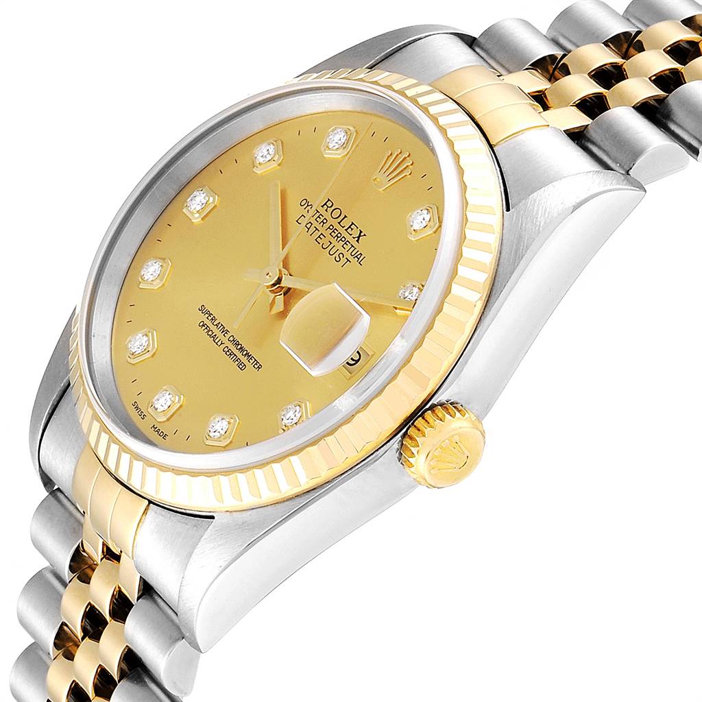 The image shows a close-up angle of a Rolex Datejust 16233 Men's Steel and Gold (two tone) Champagne Dial 16233 Men's Steel and Gold (two tone) Champagne Dial watch, highlighting the dial, bezel, and part of the bracelet.