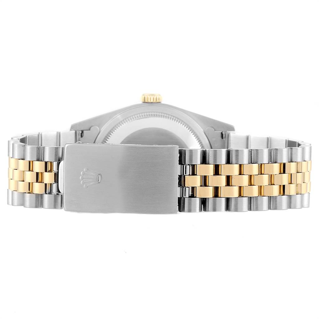 This image shows the clasp and bracelet of a Rolex Datejust 16233 Men's Steel and Gold (two tone) Champagne Dial 16233 Men's Steel and Gold (two tone) Champagne Dial watch, viewed from the back.