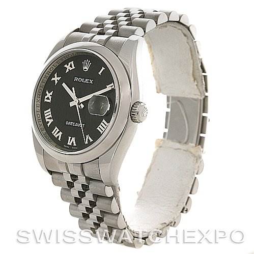 The image shows a Rolex Datejust 116200-BKRJ Men's Stainless Steel Black Dial 116200-BKRJ Men's Stainless Steel Black Dial watch at a slight angle, highlighting the black dial, Roman numerals, bezel, and the Jubilee bracelet.