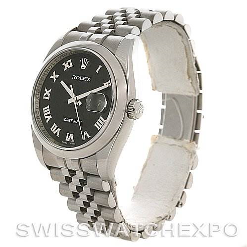 The image shows a Rolex Datejust 116200-BKRJ Men's Stainless Steel Black Dial 116200-BKRJ Men's Stainless Steel Black Dial watch at a slight angle, highlighting the black dial, Roman numerals, bezel, and the Jubilee bracelet.
