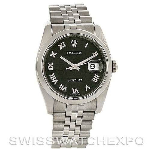 This image shows a front view of a Rolex Datejust 116200-BKRJ Men's Stainless Steel Black Dial 116200-BKRJ Men's Stainless Steel Black Dial watch, displaying the black dial, Roman numerals, date window, and stainless steel bracelet.