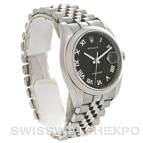 The Rolex Datejust 116200-BKRJ Men's Stainless Steel Black Dial 116200-BKRJ Men's Stainless Steel Black Dial watch is shown at a three-quarter angle, highlighting the face, bezel, and part of the bracelet.