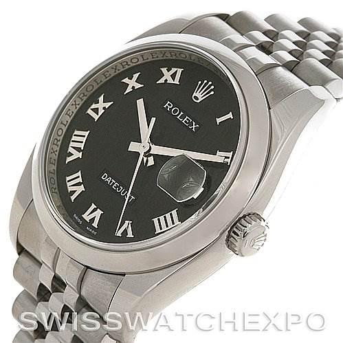 The image shows a side view of a Rolex Datejust 116200-BKRJ Men's Stainless Steel Black Dial 116200-BKRJ Men's Stainless Steel Black Dial watch, highlighting its black dial, Roman numeral indices, and jubilee bracelet.