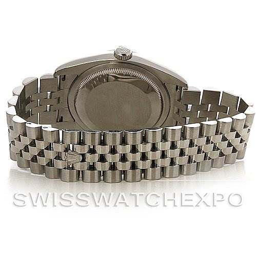 The image shows the back case and Jubilee bracelet of a Rolex Datejust 116200-BKRJ Men's Stainless Steel Black Dial 116200-BKRJ Men's Stainless Steel Black Dial watch, viewed from the rear.