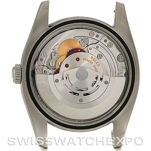 This image shows the back view of a Rolex Datejust 116200-BKRJ Men's Stainless Steel Black Dial 116200-BKRJ Men's Stainless Steel Black Dial model, featuring its intricate internal mechanical parts.