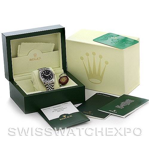 The image shows a Rolex Datejust 116200-BKRJ Men's Stainless Steel Black Dial 116200-BKRJ Men's Stainless Steel Black Dial watch with its box, manuals, and accessories from a front angle.