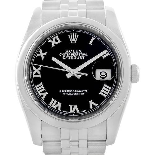 The image shows a Rolex Datejust 116200-BKRJ Men's Stainless Steel Black Dial 116200-BKRJ Men's Stainless Steel Black Dial watch from a front view, highlighting the black dial, Roman numerals, and date window.